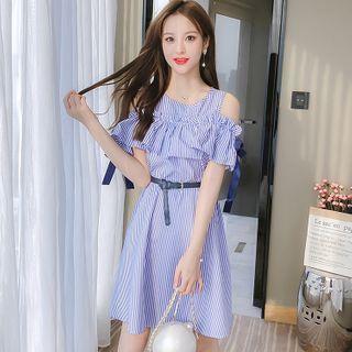 Striped Cold-shoulder Shift Dress