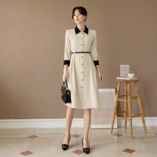 Contrast-trim Pintuck Dress With Belt