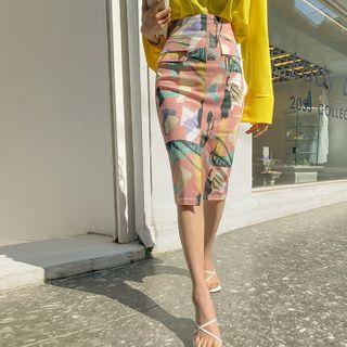 Flap-pocket Printed Pencil Skirt