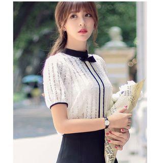 Bow Accent Contrast Short Sleeve Lace Blouse