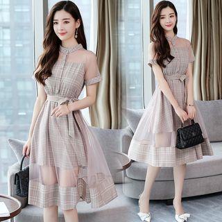 Short-sleeve Plaid Panel Sheer A-line Midi Dress
