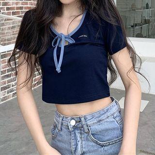 Bow Neck Short-sleeve T-shirt Navy Blue - One Size