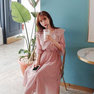 Crochet-collar Embossed A-line Dress
