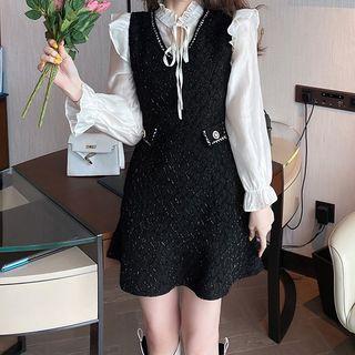 Set: Long-sleeve Frill Trim Ribbon Accent Blouse + Sleeveless Mini A-line Dress