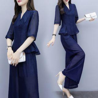Set: Elbow-sleeve Peplum Top + Wide-leg Pants