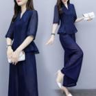 Set: Elbow-sleeve Peplum Top + Wide-leg Pants