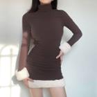 Long-sleeve Turtleneck Fluffy Trim Mini Sheath Dress