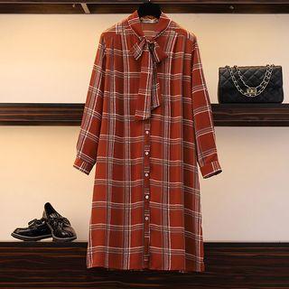 Long-sleeve Knot-front Plaid Shirt Dress