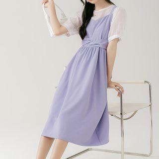 Set: Short-sleeve Sheer Blouse + Midi Overall Dress