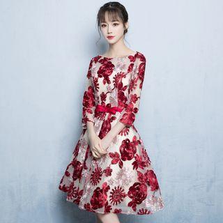 3/4-sleeve Floral Print A-line Cocktail Dress