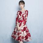 3/4-sleeve Floral Print A-line Cocktail Dress