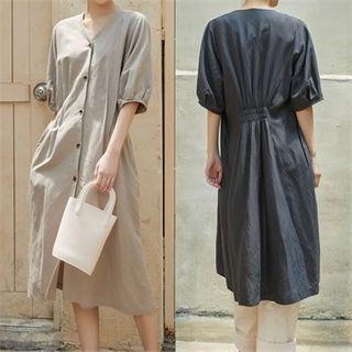 V-neck Buttoned Pintuck-trim Dress