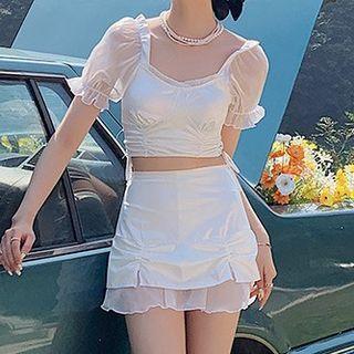 Set: Short-sleeve Open-back Tankini Top + Swim Skirt