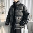 Turtleneck Plain Faux Leather Zip Oversize Padded Jacket