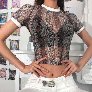 Snake Print Mesh Panel Short-sleeve Crop Top