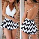 Spaghetti-strap Open-back Chevron A-line Mini Dress