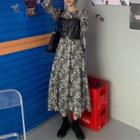 Long-sleeve Floral Print Midi A-line Dress / Faux Leather Camisole Top / Set