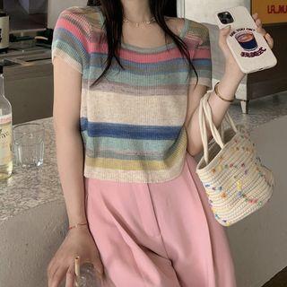 Short-sleeve Collar Striped Top / Wide Leg Dress Pants