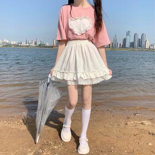 Crewneck Two Tone Ruffle Top / High-waist Two Tone Lace A-line Mini Skirt