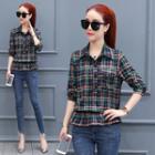 Stand-collar Long-sleeved Tie-waist Gingham Slim Blouse