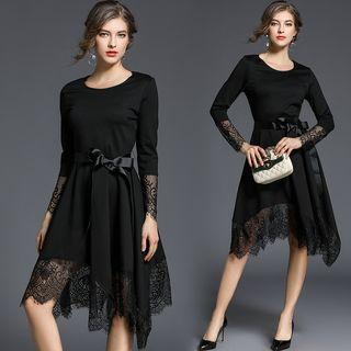 Lace-panel Waist-tied Asymmetric Midi Dress