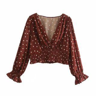 Puff-sleeve V-neck Dotted Cropped Blouse