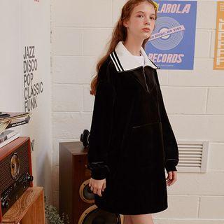 Contrast-collar Boucl -letter Velvet Anorak Dress Black - One Size