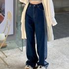 Two-tone Wide Leg Jeans / Open-front Long Cardigan