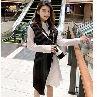 Mock Two Piece Long-sleeve Shirt Dress Black - One Size