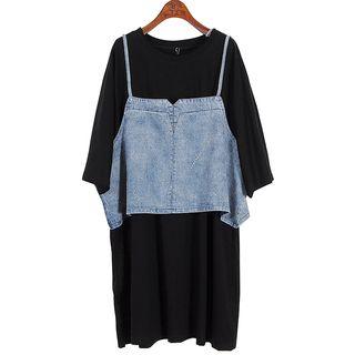 Set: 3/4-sleeve Midi T-shirt Dress + Spaghetti Strap Denim Top