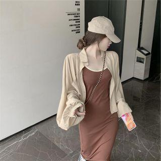 Spaghetti Strap Midi Sheath Dress / Open-back Shirt