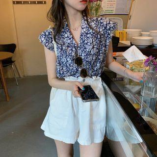 Sleeveless Floral Print Chiffon Blouse / Wide Leg Shorts