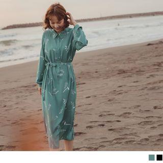Long Sleeve Print Tie-waist Shirtdress
