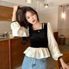Mock Two-piece Two-tone Ruffled Shirt Off-white + Black - One Size