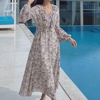Balloon-sleeve Print A-line Midi Dress