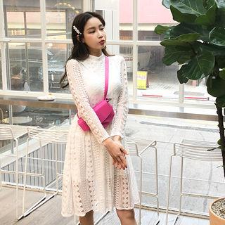 Crew-neck Laced A-line Dress Ivory - One Size