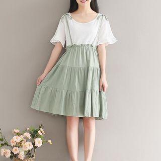 Short-sleeve Shirred Mock Two-piece Dress