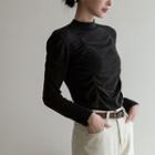 Mock-neck Puff-sleeve Shirred Top