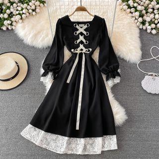 Lace Trim Lace Up Midi Dress