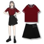 Short-sleeve Contrast Trim Knit Top / Belted Pleated Skirt