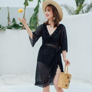 Set: Halter-neck Bikini Top + Elbow-sleeve Lace Swimsuit + Skirt