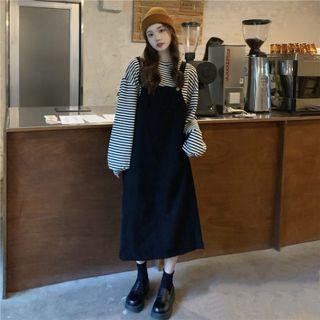 Long-sleeve Striped T-shirt / Midi A-line Corduroy Overall Dress