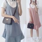 Set: Short-sleeve T-shirt + Ruffle Hem Strappy Dress