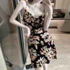 Spaghetti Strap Floral Print Mini A-line Dress Black - One Size