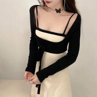 Set: Plain Knit Top + Spaghetti Strap Midi Dress