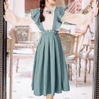 Long-sleeve Blouse / Ruffle Trim Suspender Midi A-line Skirt