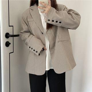 Long-sleeve Plaid Single Breasted Blazer Khaki - One Size