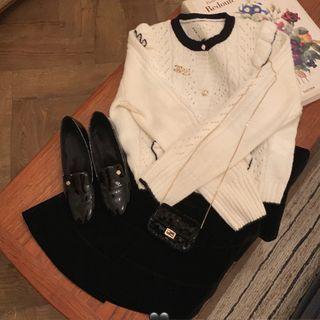 Contrast Trim Pointelle Knit Cardigan / Velvet Mini A-line Skirt