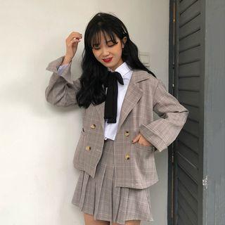 Plaid Blazer / Pleated Skirt / Tie Neck Shirt / Set