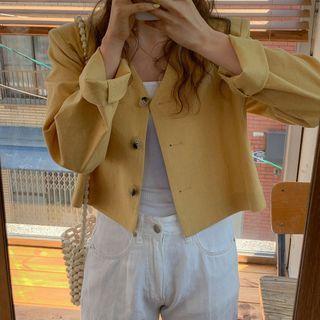 Long-sleeve Buttoned V-neck Crop Top Yellow - One Size